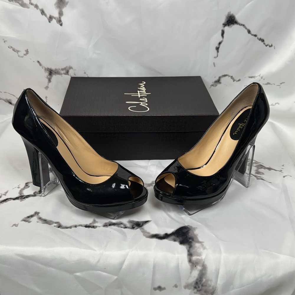 Cole Haan Tonya Platform Heels Black Patent Leather Peep Toe Leather Sole